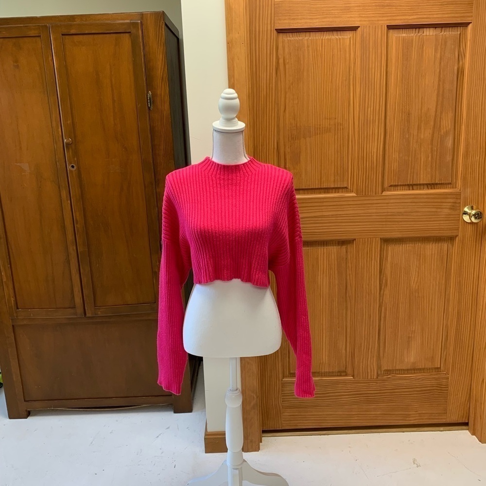 MIMOSA ribbed knit crop sweater L15in high neck relaxed oversized sleeve MED